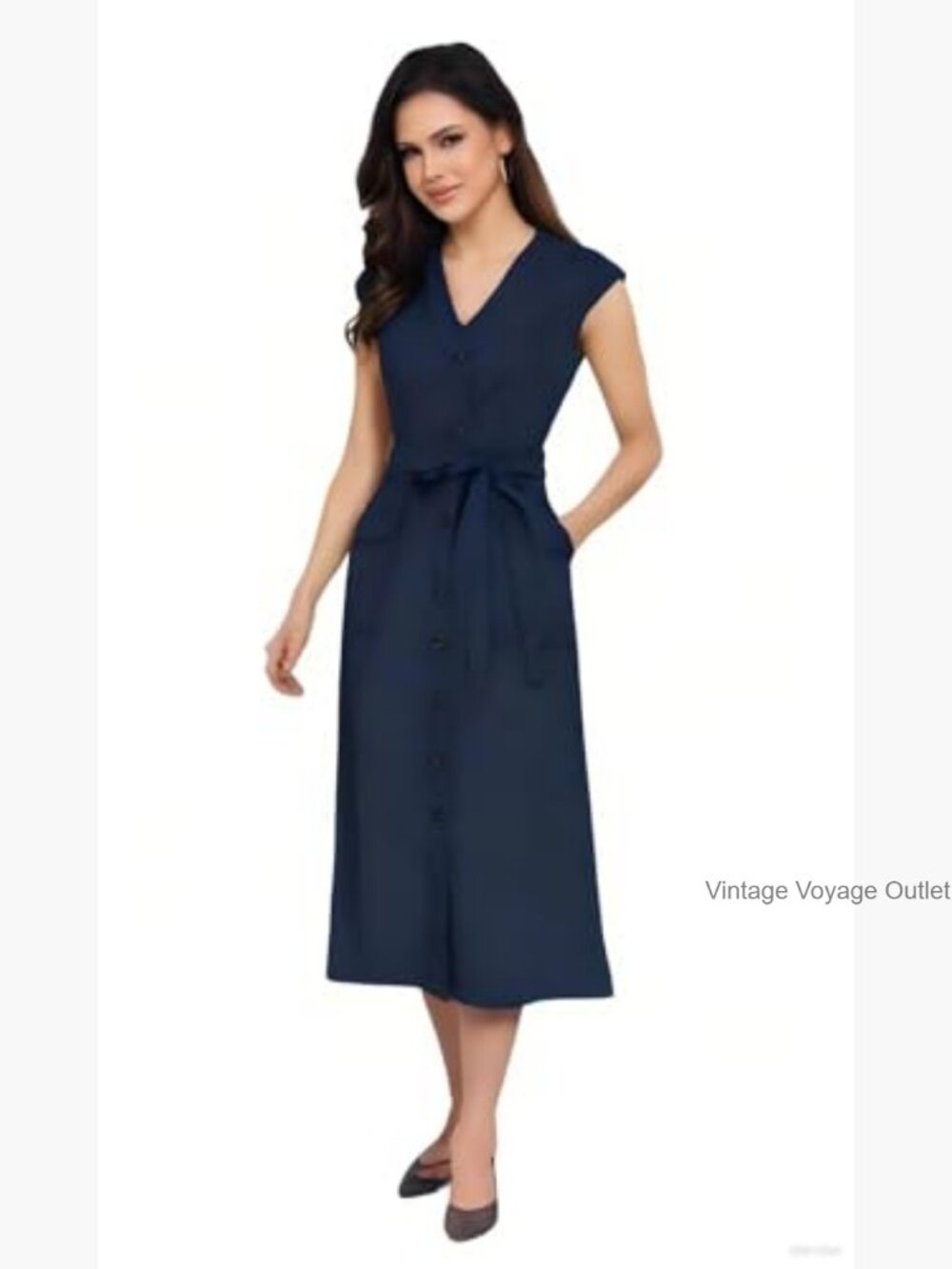V Neck Button Down Swing Midi Shirt Dress with Pockets - Picture 4 of 6